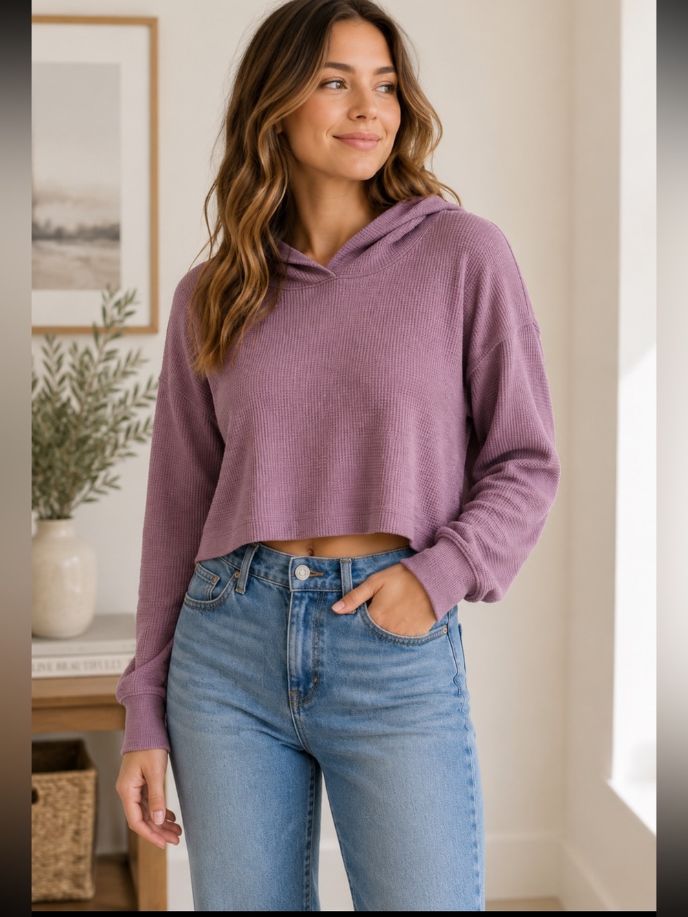320 Hollister Waffle Knit Cropped Hoodie Purple Soft Lightweight Sweatshirt L